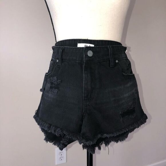 BP Jean Shorts Size 26 Black Distressed Denim Boho Beach Festival Cut Off Frayed - Picture 11 of 11